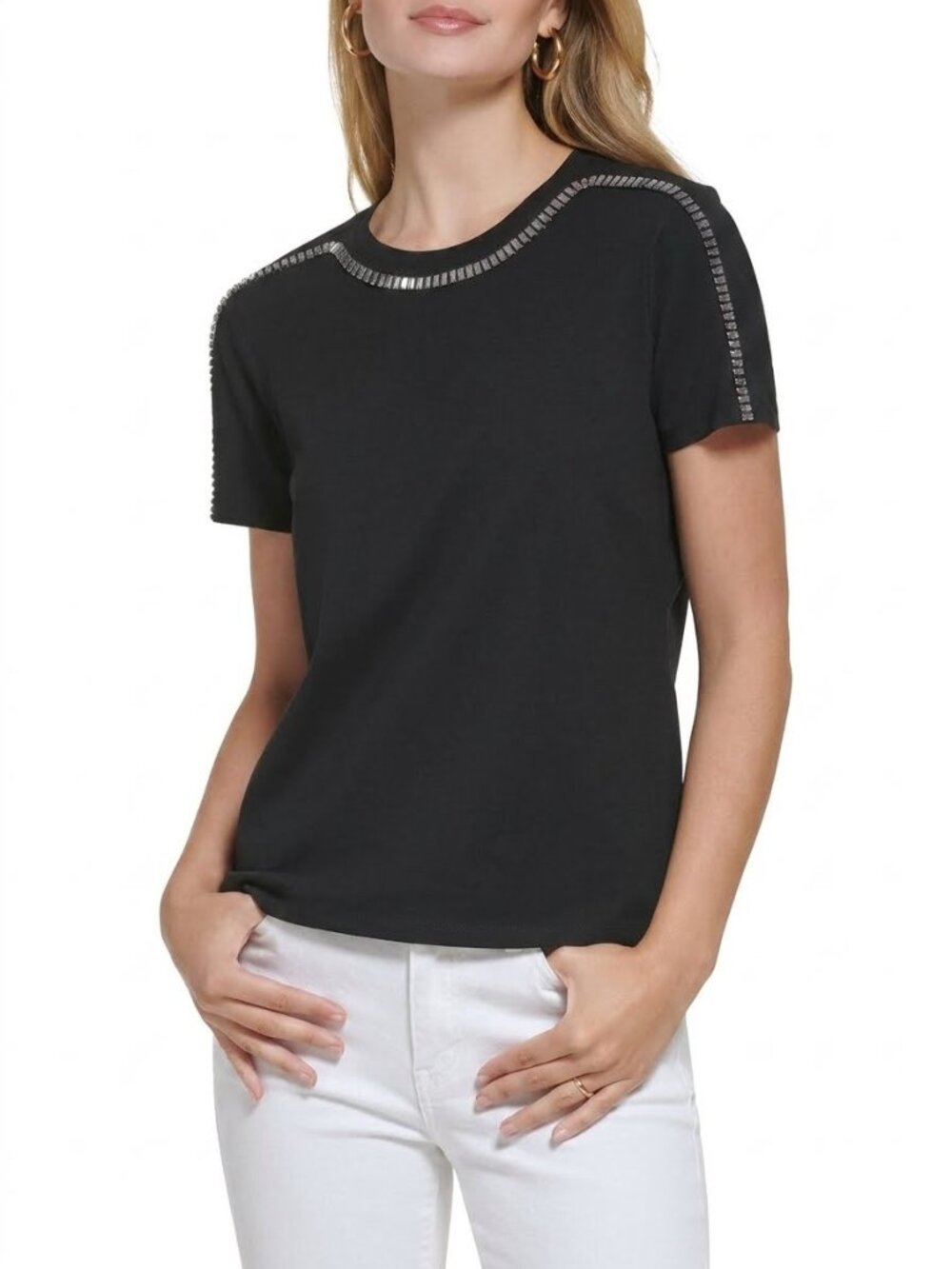 CALVIN KLEIN Women's Sportswear Rhinestone Trim Crewneck Top. Size XL